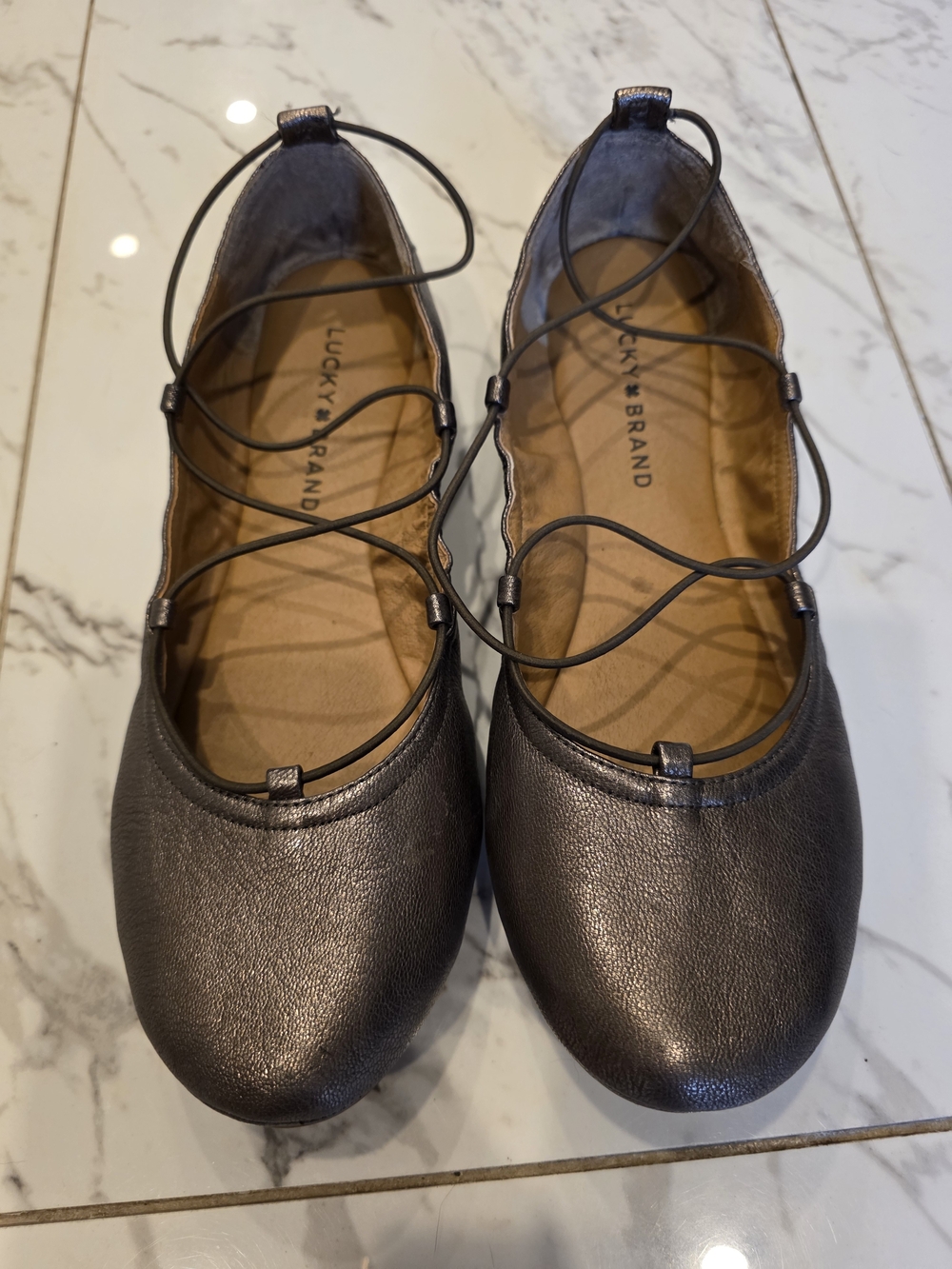 Lucky Brand Metallic Pewter Lace-Up Ballet Flats